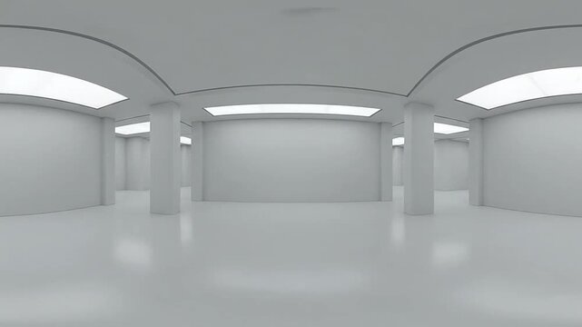 A wide panoramic view of a minimalist white interior space with architectural columns and lighting