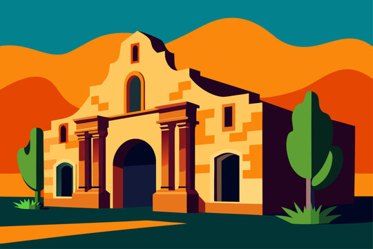 Stylized vector illustration of the alamo mission in san antonio, texas, featuring a vibrant desert landscape with sunset colors and geometric shapes