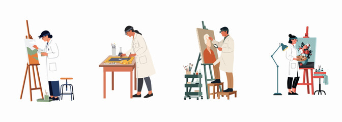 Art restorers and conservators in white lab coats carefully working on classic oil paintings, cleaning and preserving artworks in a museum or gallery setting.