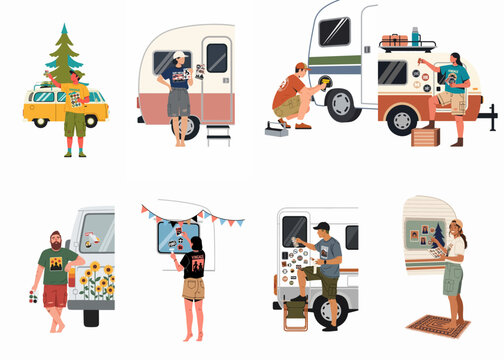 Diverse collection of travelers personalizing and decorating their camper vans and trailers with colorful stickers and decals for a unique van life experience.