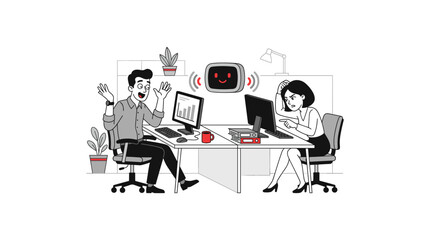Fototapeta premium Diverse colleagues working with robotic assistant in modern tech driven office environment.