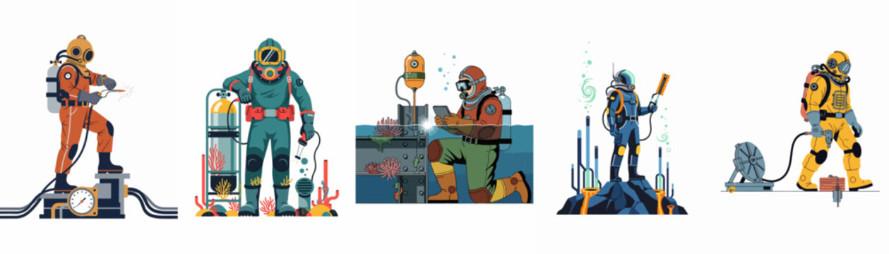Set of flat vector illustrations depicting commercial divers performing various underwater tasks including welding, inspection, and technical maintenance in specialized diving suits.