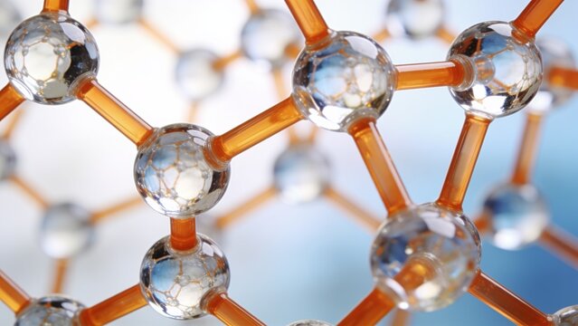 close-up, abstract style photograph depicting a molecular structure. The layout features a network of interconnected spheres and rods, representing atoms and bonds, respectively. The spheres are trans
