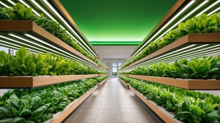 Fototapeta premium Vast indoor vertical farm with tiered LED-lit lettuce rows and modern hydroponic system