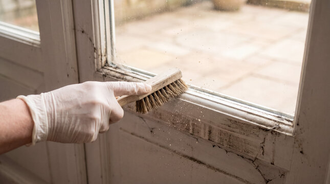 Hand wearing protective glove brushing away extensive mold and grime from dirty window frame during home cleaning and renovation