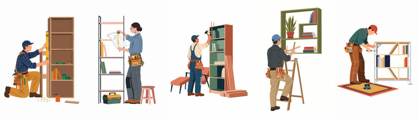 Diverse professional handymen and a woman building, measuring, and installing wooden bookshelves and modern storage units with various tools and blueprints. © Andres