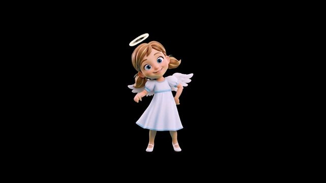 A joyful 3D animated angel girl with wings and a halo performing a happy dance against a solid black background. The clean contrast makes it ideal for direct overlaying, blending, and seamless integra