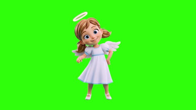 A cheerful 3D animated little angel girl in a white dress with a halo happily dancing against a solid green chroma key background. This loopable clip is optimized for background replacement and compos