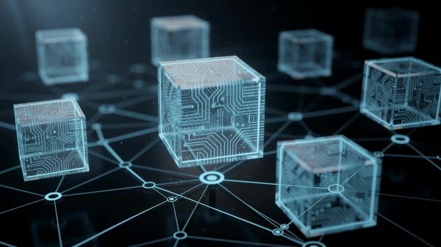 Futuristic digital network of transparent cubes with intricate circuitry floating in 3D space technology background