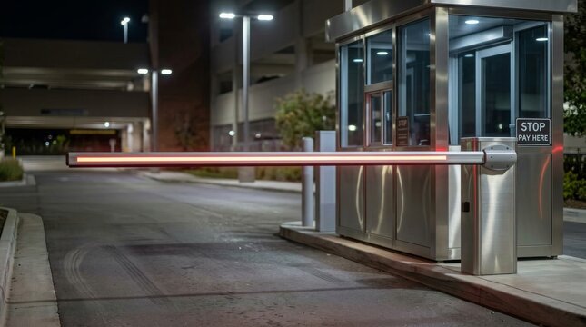 Automated security gate at a modern parking garage entrance at night.