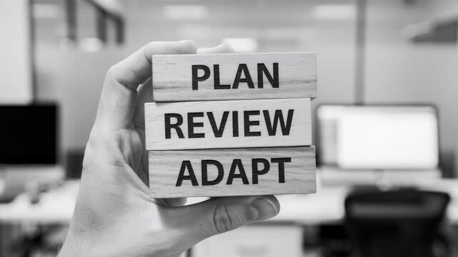 Hand holding wooden blocks with plan review adapt words in a modern office workspace