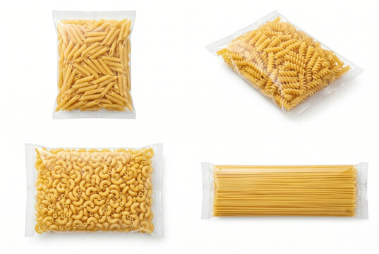 Assorted dry pasta in clear plastic bags isolated on white background, penne fusilli macaroni spaghetti set