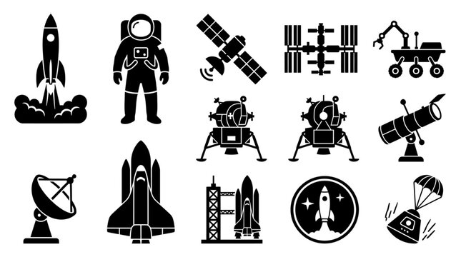Set of black space exploration and astronomy icons