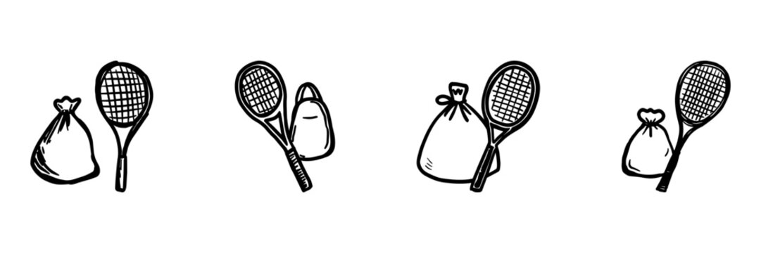 Tennis Equipment In Hand Drawn Style Set. Sports Doodle Sketch Collection. Ideal For Athletic And Recreational Themes. Isolated Vector Illustration
