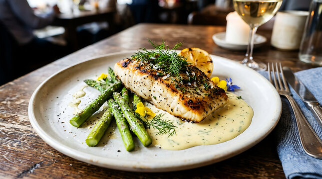 Gourmet Pan Seared Fish Fillet with Asparagus and Sauce