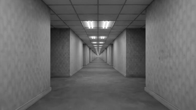 A seamless loop of an eerie, endless monochrome hallway featuring repeating architectural columns and fluorescent ceiling lights, reminiscent of liminal spaces and backrooms aesthetics. Ideal for myst
