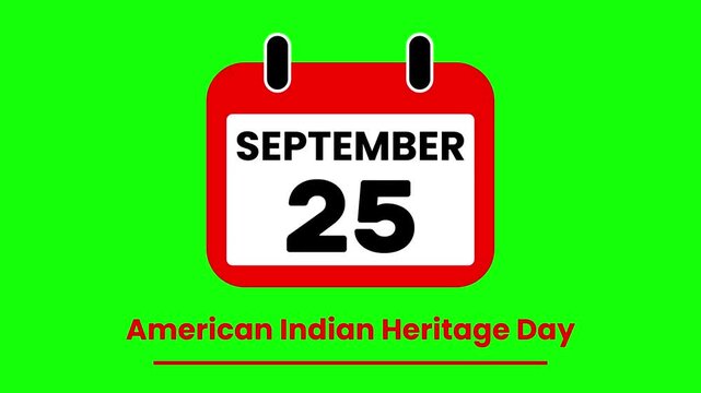 Animated Calendar Flipping to September 25 American Indian Heritage Day Event Countdown on green screen.
