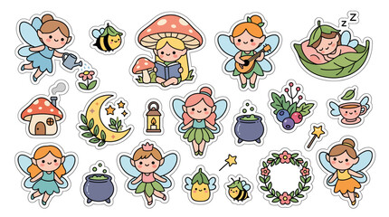 Obraz premium Cute cartoon fairy sticker set with magical forest elements.