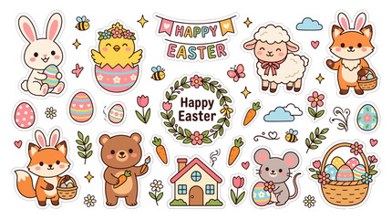 Fototapeta premium Cute Easter Holiday Sticker Set with Animals and Eggs.