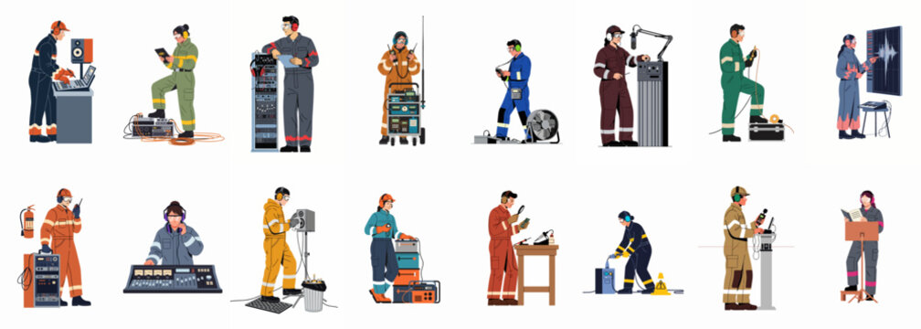 Vector illustration set of diverse industrial and technical workers in safety gear operating specialized equipment for various professional roles.