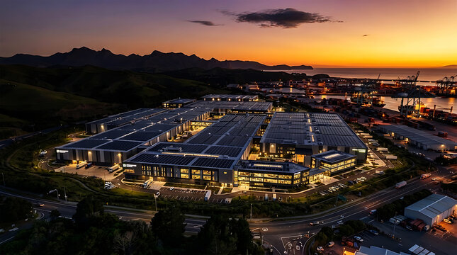 Modern Logistics Center and Eco Friendly Warehouse at Sunset