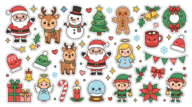 Cute Christmas Sticker Set with Festive Holiday Characters and Objects.