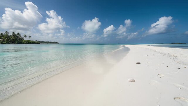 Serene tropical beach with gentle waves washing over white sand and scattered seashells