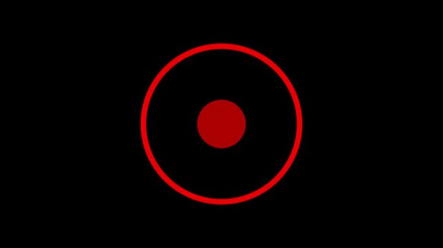 A bright cyan concentric circle with a solid cyan dot in the center against a deep black background symbolizing a target or a focal point in technology or innovation