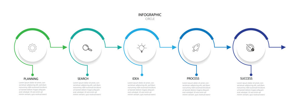 Infographic diagram chart template for business 5 circle arrow label options, presentation with diagram elements vector illustration.