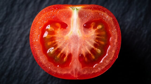 Extreme Macro Cherry Tomato Cross Section Vivid Red Seeds Summer Food