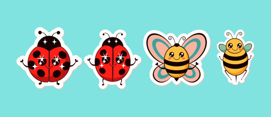 Fototapeta premium Cute Kawaii Insect Stickers Featuring Adorable Ladybugs Butterfly and Honey Bee Characters