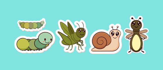 Obraz premium Cute Cartoon Garden Insects and Gastropod Collection Featuring a Caterpillar Grasshopper Snail and Firefly Vector Illustrations