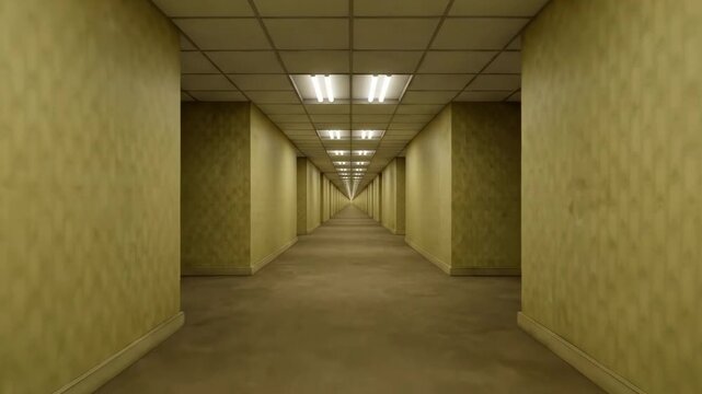 A first-person perspective moving down an endless, eerie yellow hallway with glowing ceiling tiles, replicating the popular backrooms aesthetic. This 3D animated loop creates a surreal, liminal space 