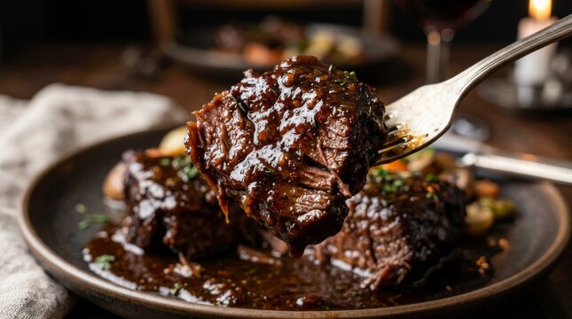 Tender Braised Beef Short Ribs with Rich Red Wine Sauce.