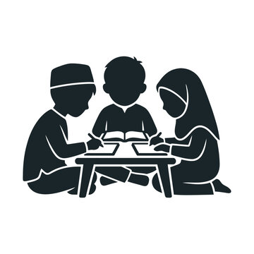 Muslim children studying together vector, Islamic students reading at desk silhouette, group of kids learning Quran
