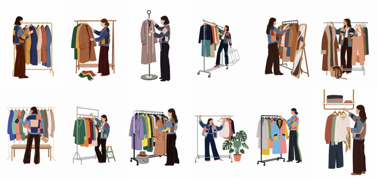 Set of flat illustrations showing stylish women organizing wardrobes, shopping in boutiques, and working as fashion stylists with clothing racks and autumn wear.