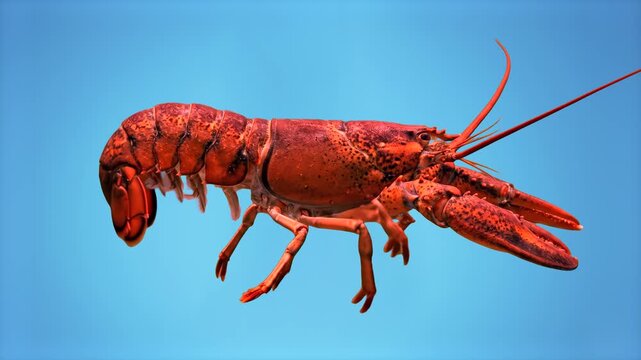 A detailed close up shot of a red lobster swimming or moving isolated against a bright blue background. Perfect for seafood restaurant promos, marine life documentaries, culinary videos, fish market a