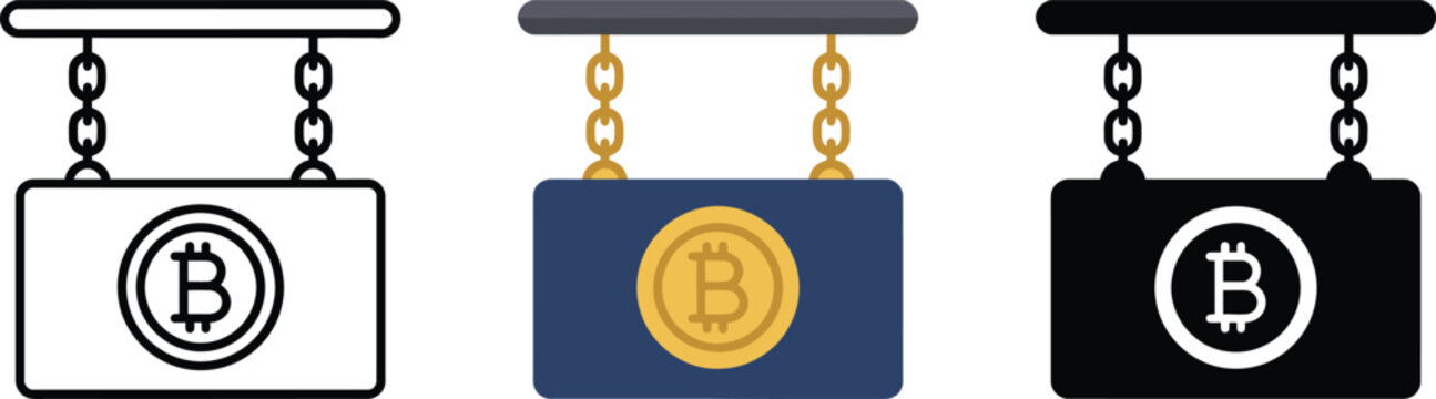 Bitcoin sign board hanging display featuring cryptocurrency logo in outline flat and silhouette styles for digital currency branding elements isolated on transparent background for finance design.