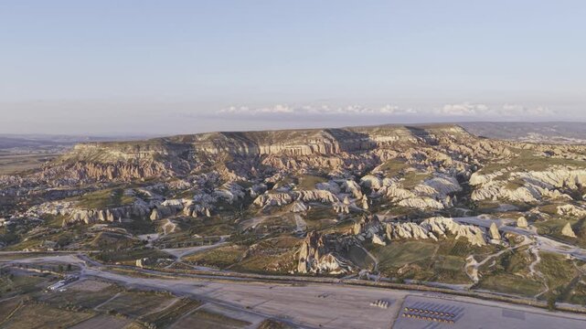 Drone Footage of Uchisar Castle and Goreme View in Cappadocia Nevsehir Turkey with Fairy Chimneys and Scenic Valleys