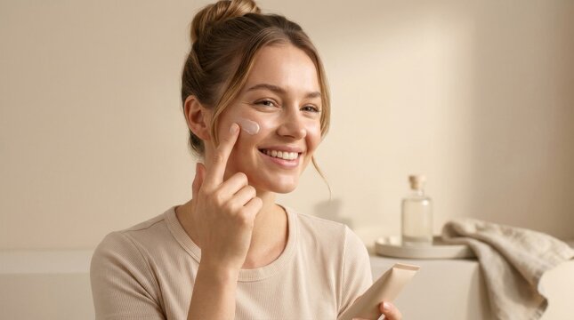 Young Woman Applying Skincare Cream to Her Face in the Bathroom.