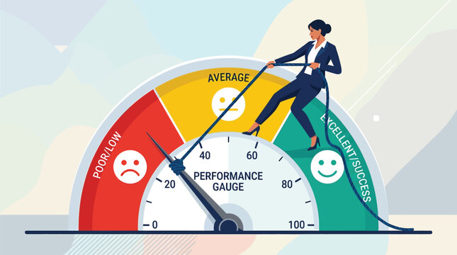 Professional businesswoman pulling a rope to improve a corporate performance gauge in this vector graphic illustration