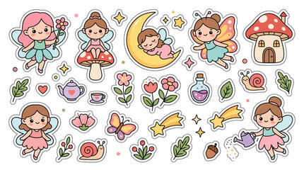 Fototapeta premium Cute Kawaii Fairy Sticker Set with Mushrooms and Nature Elements.