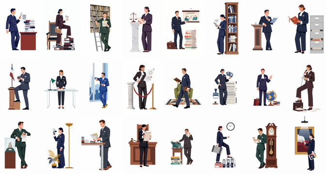 Comprehensive collection of legal professional illustrations featuring lawyers, judges, and paralegals in various office and courtroom scenarios, emphasizing law, justice, and intellectual property.