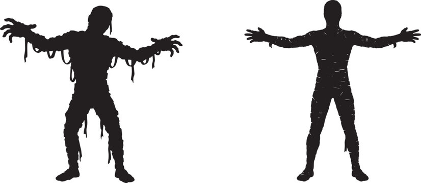 AdobeMummy silhouette vector illustration set with bandages for Halloween graphic design element. Spooky ancient monsters isolated on a white background. Illustrator Artwork