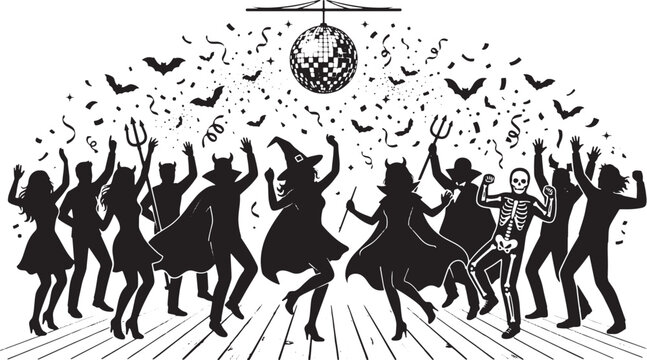 Halloween party silhouette concept with diverse people dancing under a disco ball in witch, vampire, skeleton, mummy, devil costumes with falling confetti.
