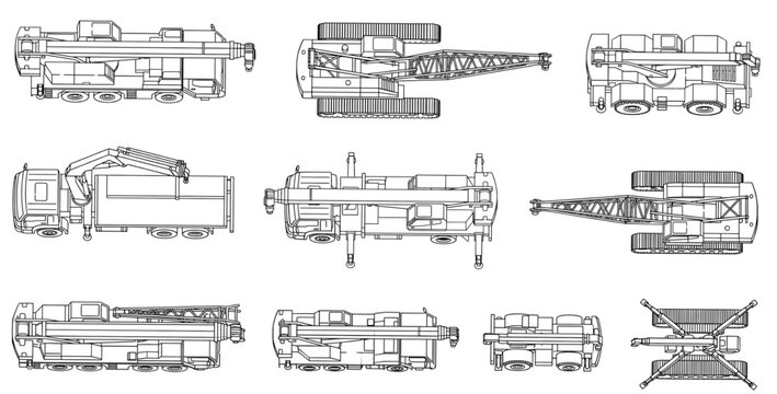 Top View Crane Vehicle Collection Technical Line Art Vector Set Isolated on White Background, Mobile, Tower, Crawler, Truck and Floating Crane Blueprint Illustration