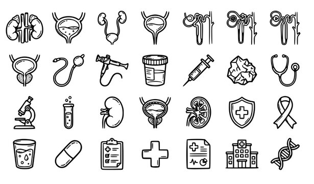 Hand Drawn Urology Medical Doodle Icon Set with Urinary System Healthcare Elements Vector