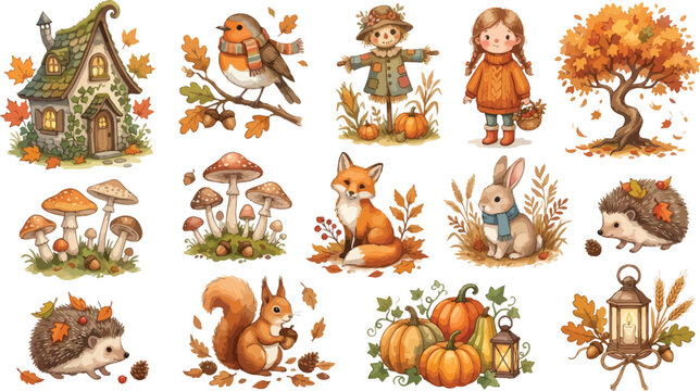 A collection of cute watercolor autumn elements featuring forest animals woodland creatures mushrooms pumpkins a scarecrow and a cozy house on white background