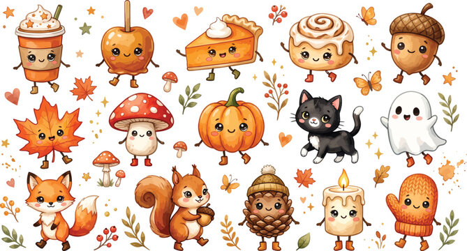 Cute watercolor autumn collection featuring kawaii characters like pumpkin squirrel fox ghost mushroom and fall treats isolated on a white background for design