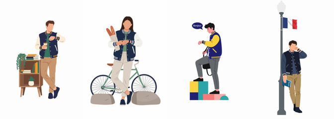 Flat illustrations of young students wearing varsity jackets, checking watches, and featuring French cultural elements like baguettes, a flag, and the greeting bonjour. © Telu